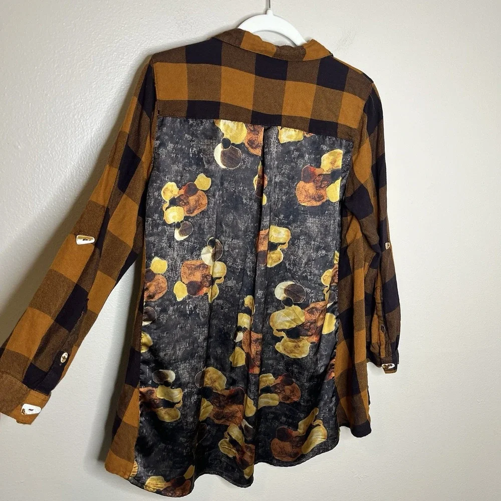 John Mark Small Plaid Button Up Orange Art Wear Buffalo Floral Lagenlook Orange - Picture 5 of 6